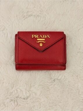 Prada Red Saffiano Leather Compact Fold Wallet with Gold Logo